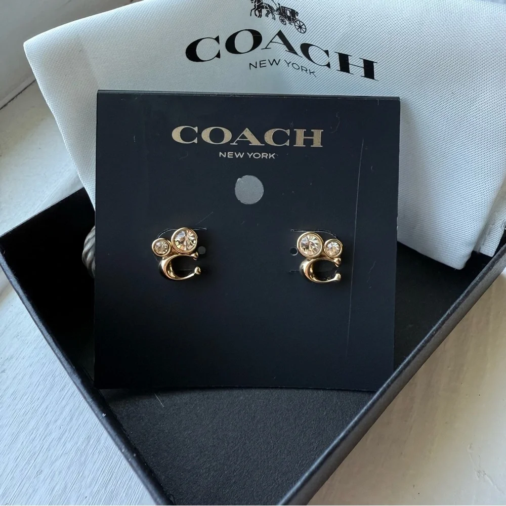 Coach Crystal C Logo Stud Earrings Gold Tone | Signature Logo Sparkle | NWT - Picture 3 of 3